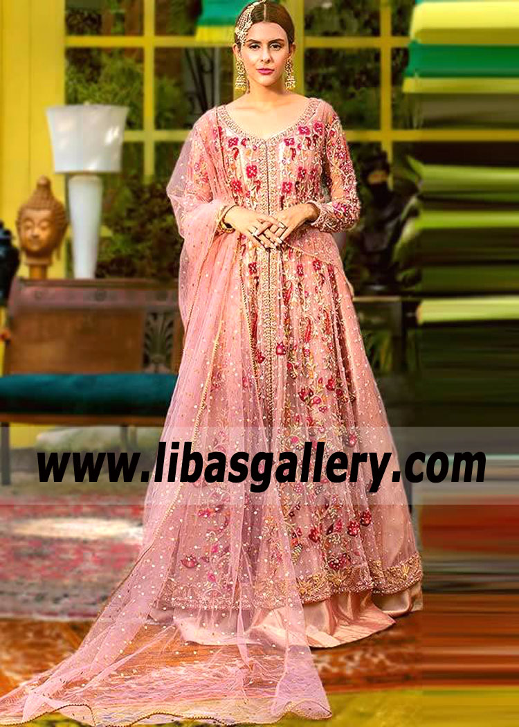 Coral Pink Brilinta Designer Pishwas Dress