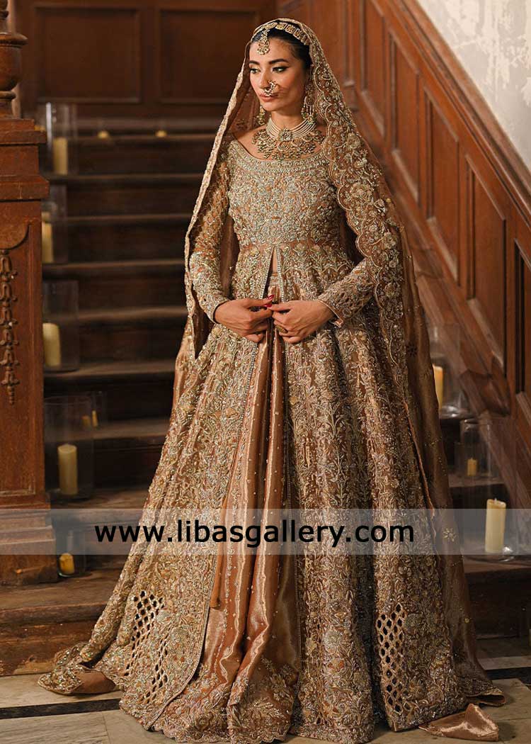 Luxury Antique Gold Bridal Gown for Walima 