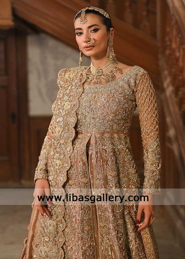 Luxury Antique Gold Bridal Gown for Walima 