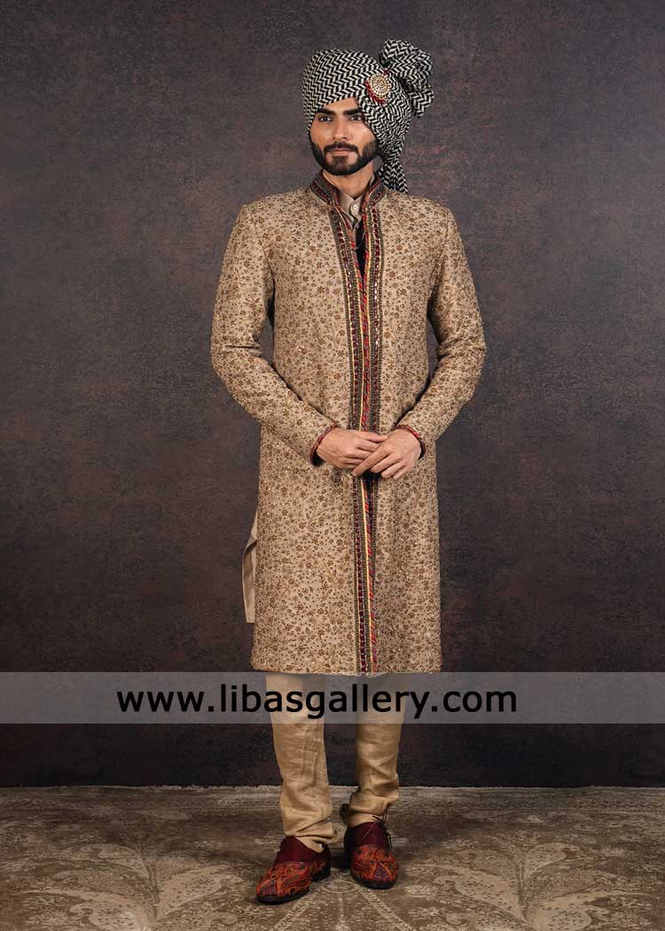 Antique Gold Royal Groom Sherwani with hand work- Wedding Sherwani styles for modern grooms London UK