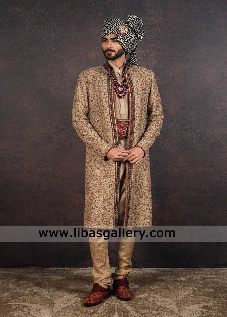 Majestic Antique Gold Wedding Sherwani Set for Groom