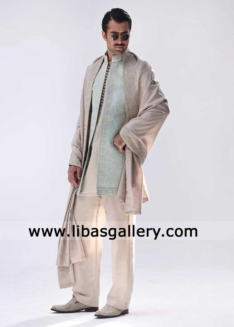 Sea foam Intricate heavy embroidered prince coat with pants for Walima  UK USA Canada Dubai Australia