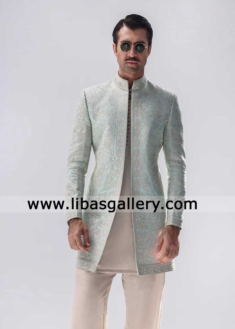 Aqua Mist heavy Embroidered Wedding Prince Coat