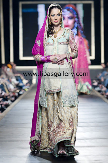 Fahad Hussayn`s Collection at PFDC Sunsilk Fashion Week 2010 Latest Pakistani Bridal Dresses with Embellished Shararas Online Store USA, UK, Canada
