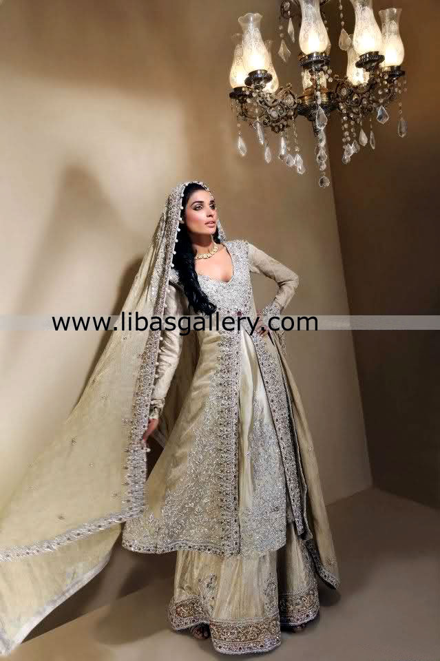 Pakistani Designer Anarkali Shirt with sharara for women nikah barat with silver gold hand embellishment on peshwas dupatta border sharara hem UK USA Canada