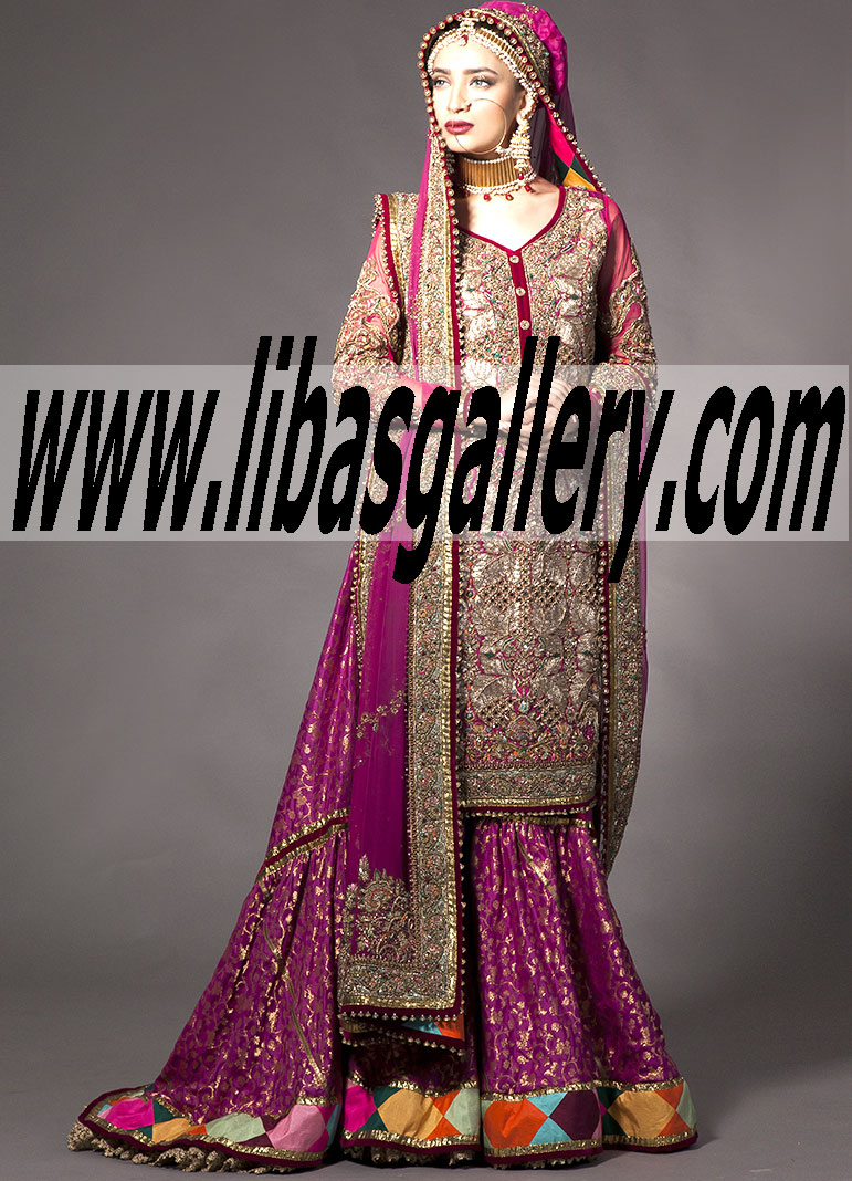 Buy Online Latest Tradition Embellished Navratri Bridal Dress with Sharara and Heavy Dupatta from Fahad Hussayn, PFDC Bridal Couture n Formal wear in Affordable Prices Fahad Hussayn Wedding Dress Australia Sydney
