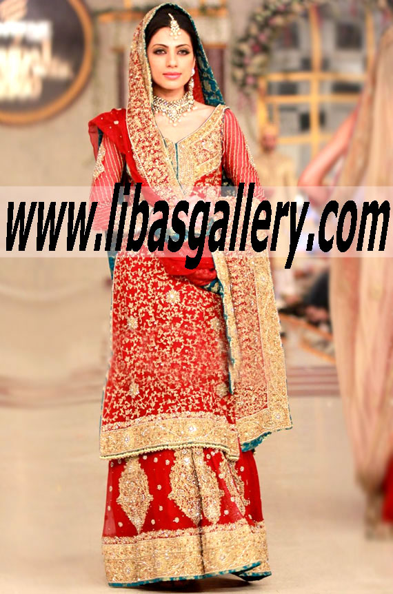 Traditional red bridal dress with gold hand embellishment shirt lehenga
