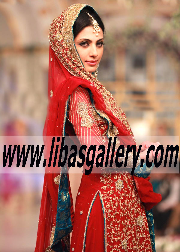 Traditional red bridal dress with gold hand embellishment shirt lehenga
