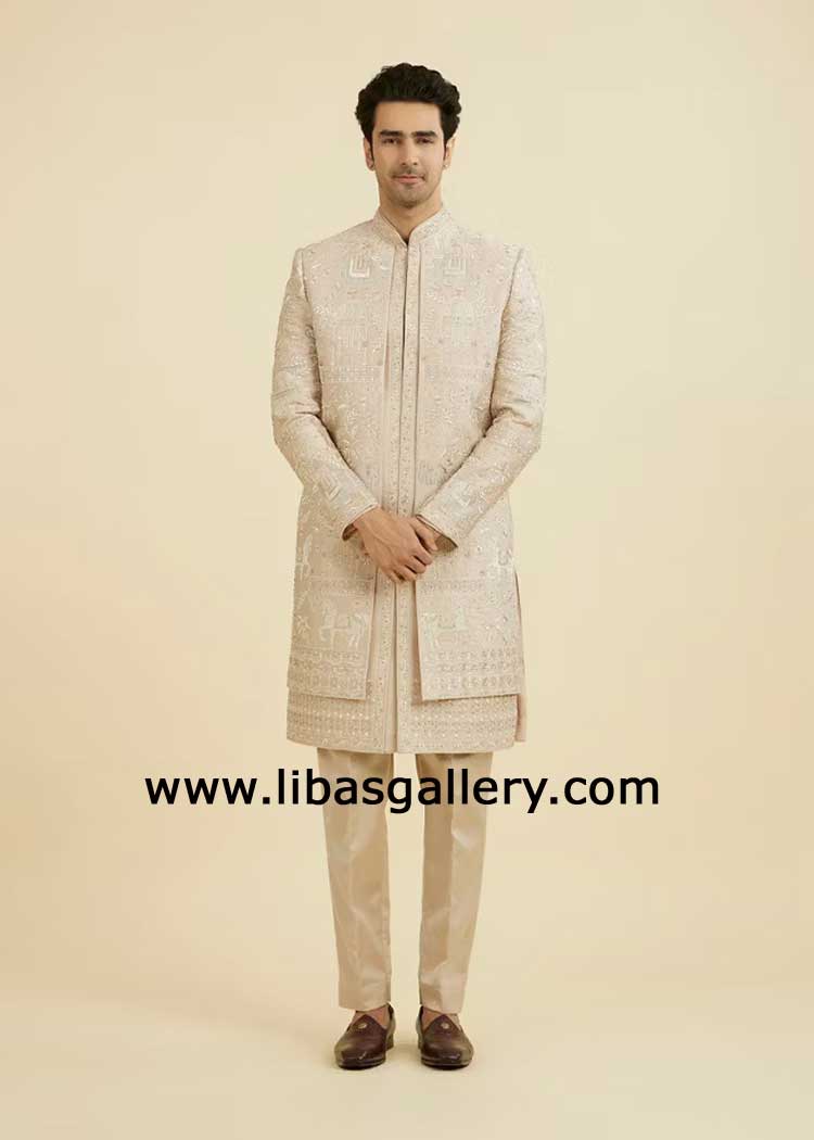 Beige Embroidered Raw silk Groom Wedding Sherwani