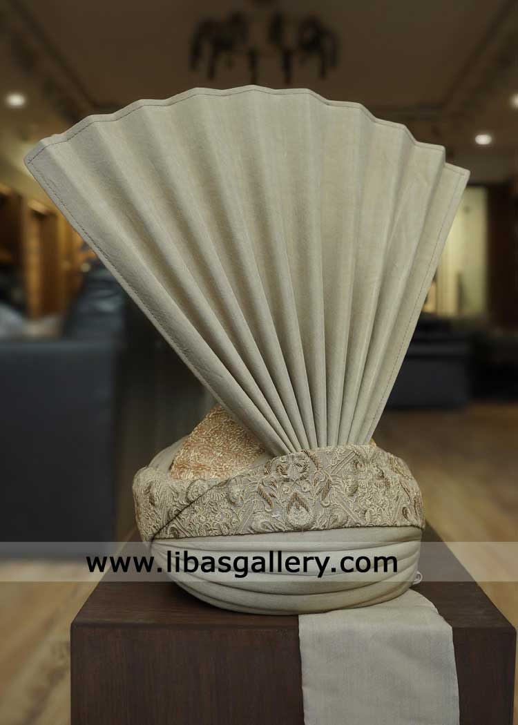 Beige Embroidered Groom Turban for Nikah 