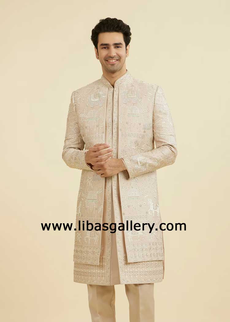 Beige Embroidered Raw silk Groom Wedding Sherwani