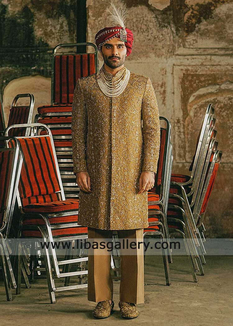 Pakistani Beige Sherwani for Groom hand embroidered