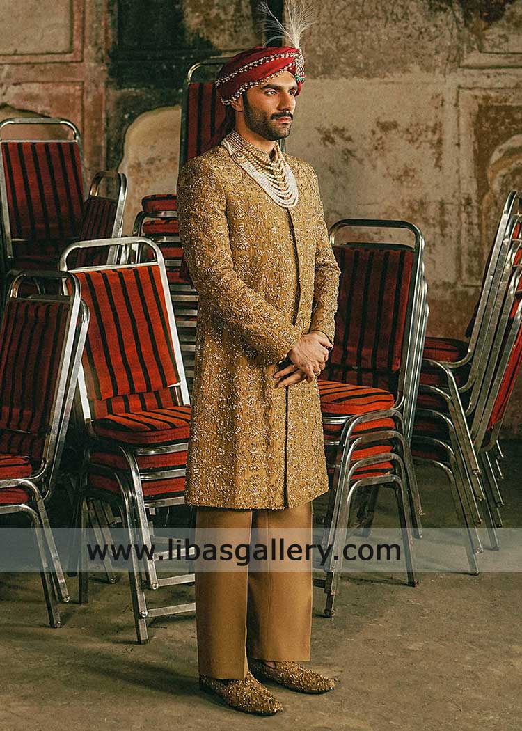 Pakistani Beige Sherwani for Groom hand embroidered