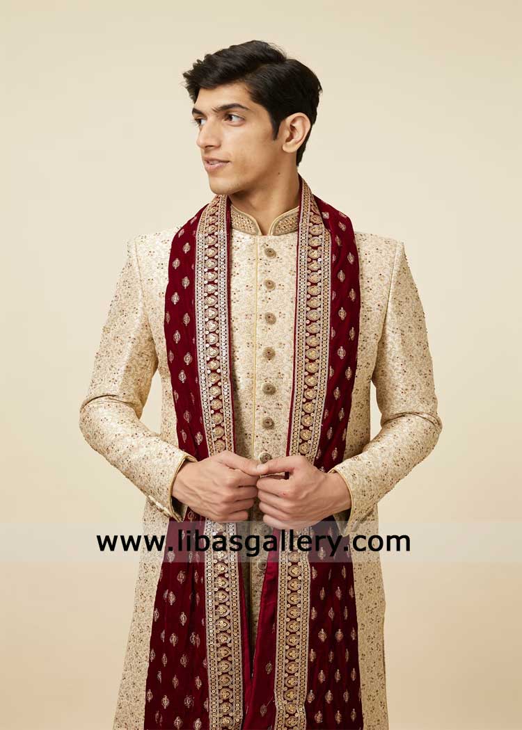 Soft Beige Wedding Sherwani hand embellished Bel buti motifs