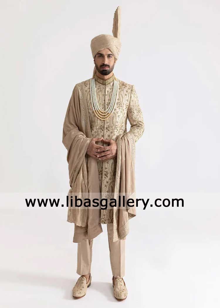 Groom Sherwani for Nikah barat in Beige with hand embellishment by kora dabka paired with mala turban khussa shawl Birmingham Illinois Ontario