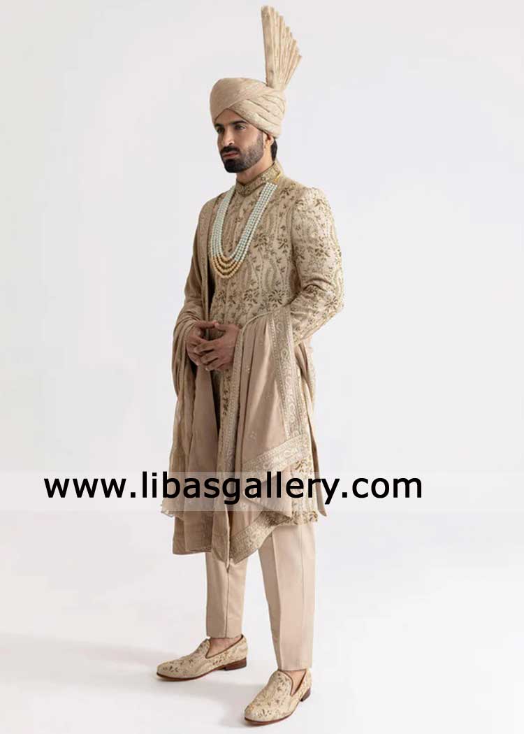 Beige hand Embroidered Artistic Groom Nikah Sherwani