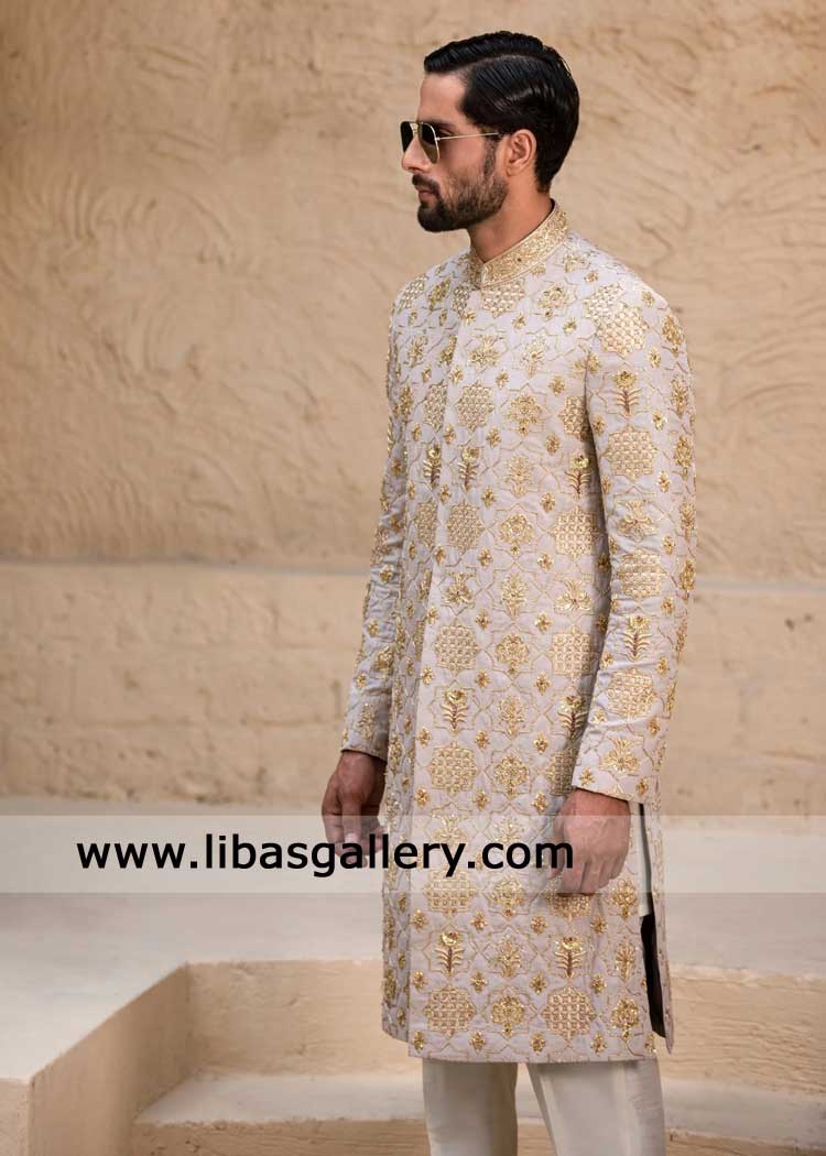 Beige hand embroidered wedding sherwani nikah