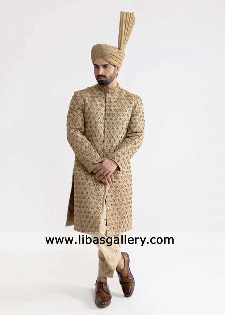 Beige ornate hand embroidered groom nikah sherwani- Luxury Groom wear with Jamawar Shawl and Kulla UK