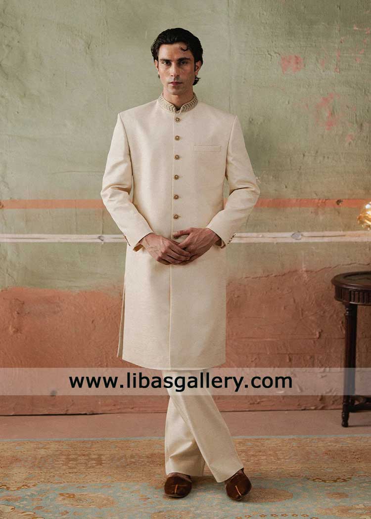 Beige Jamawar Hand Embroidered Groom Sherwani