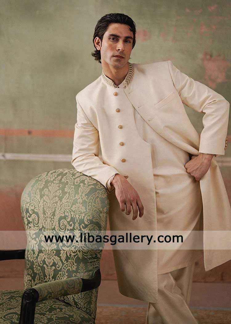 Beige Jamawar Hand Embroidered Groom Sherwani