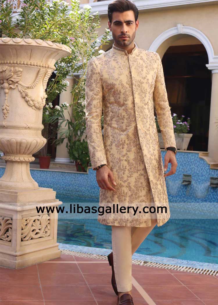 Classic Beige Hand Embroidered Wedding Sherwani