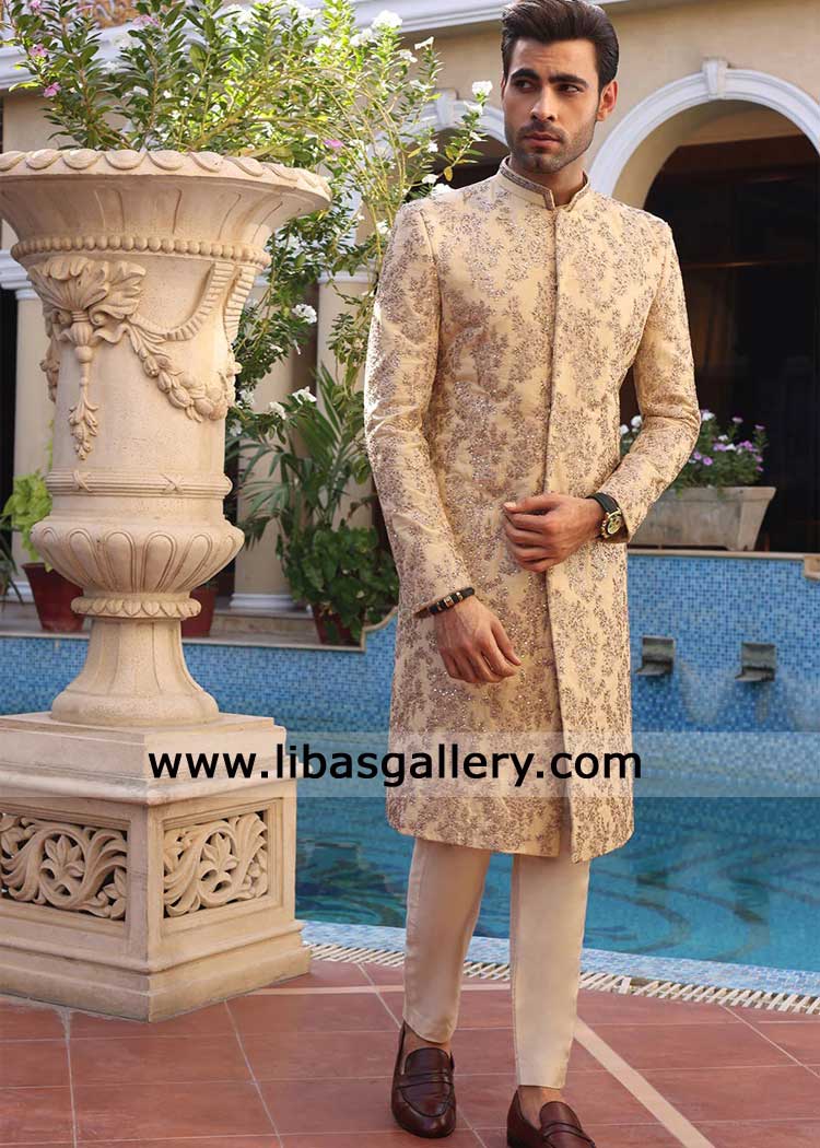 Classic Beige Hand Embroidered Wedding Sherwani