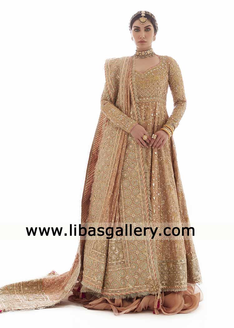 Beige Rose Gold Bridal Peshwas and Lehenga