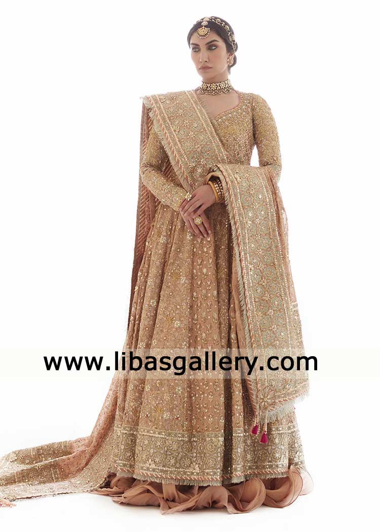 Beige Rose Gold Bridal Peshwas and Lehenga