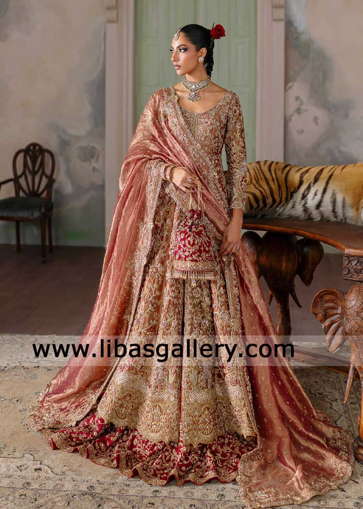 Berry Red Hand embellished Bridal Peshwas and Lehenga