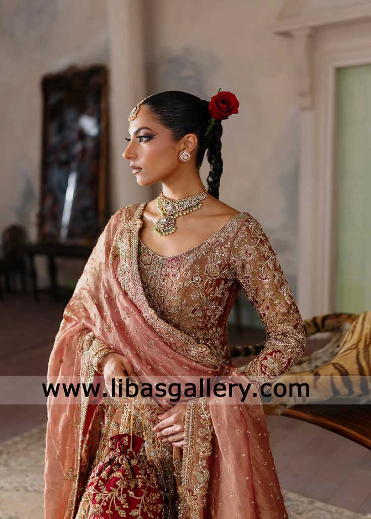 Berry Red Hand embellished Bridal Peshwas and Lehenga