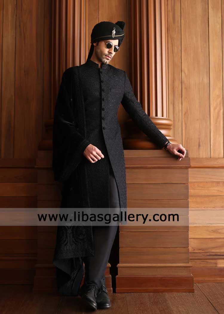 Buy Black sherwani regal look with heavy hand embroidery for Nikah look with Black Kulla Shawl and Khussa Manchester Virginia Dubai Perth Canada