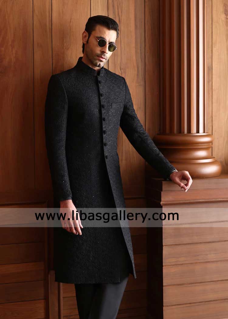 Black regal Sherwani heavy embroidered for Nikah Ceremony