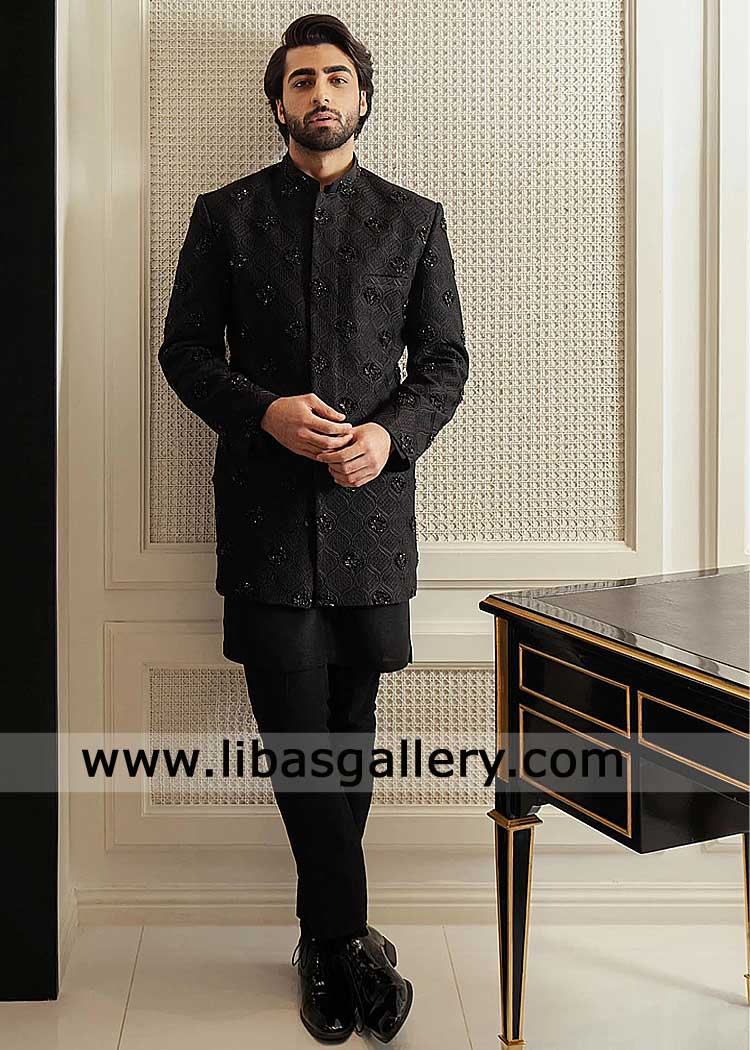 Jet Black Embroidered Groom Sherwani Hand Embellished