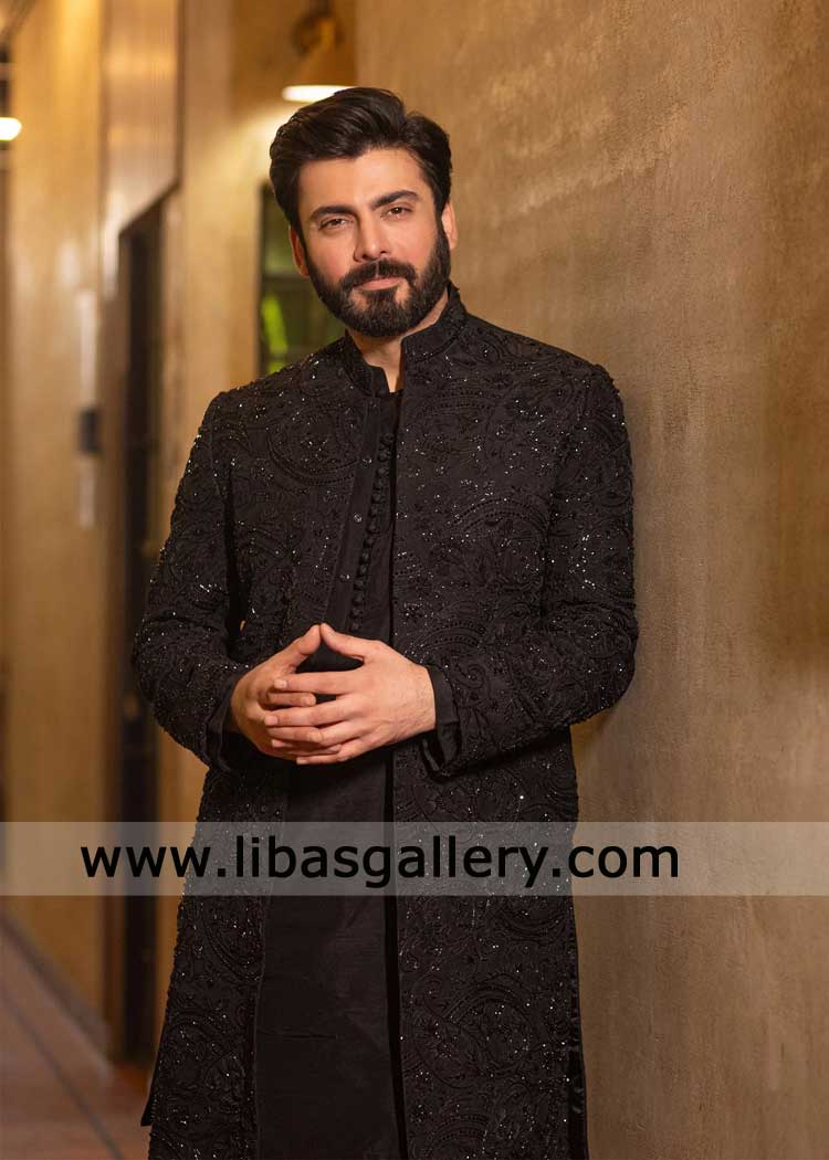 Deep Black Embroidered Nikah Sherwani with Hand Work