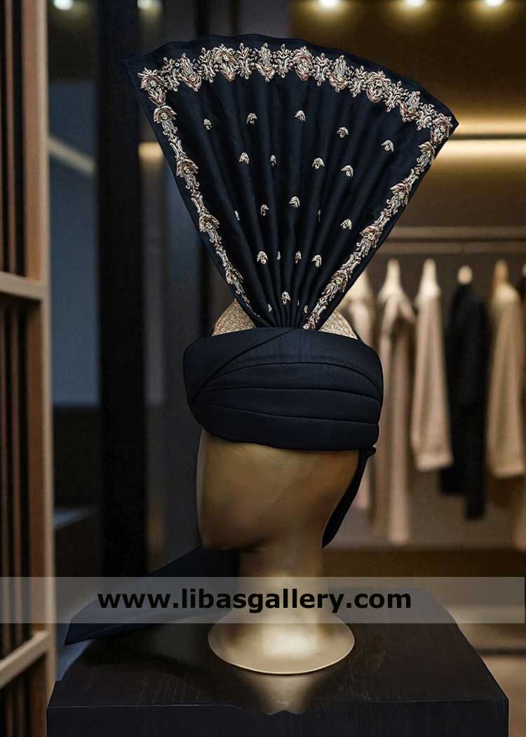 Black Embroidered Groom Wedding Aitchison Turban for Sherwani