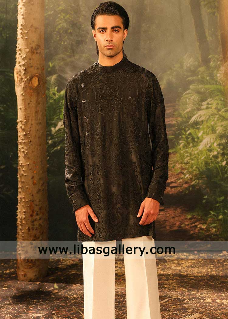 black embroidered short groom kurta with pants