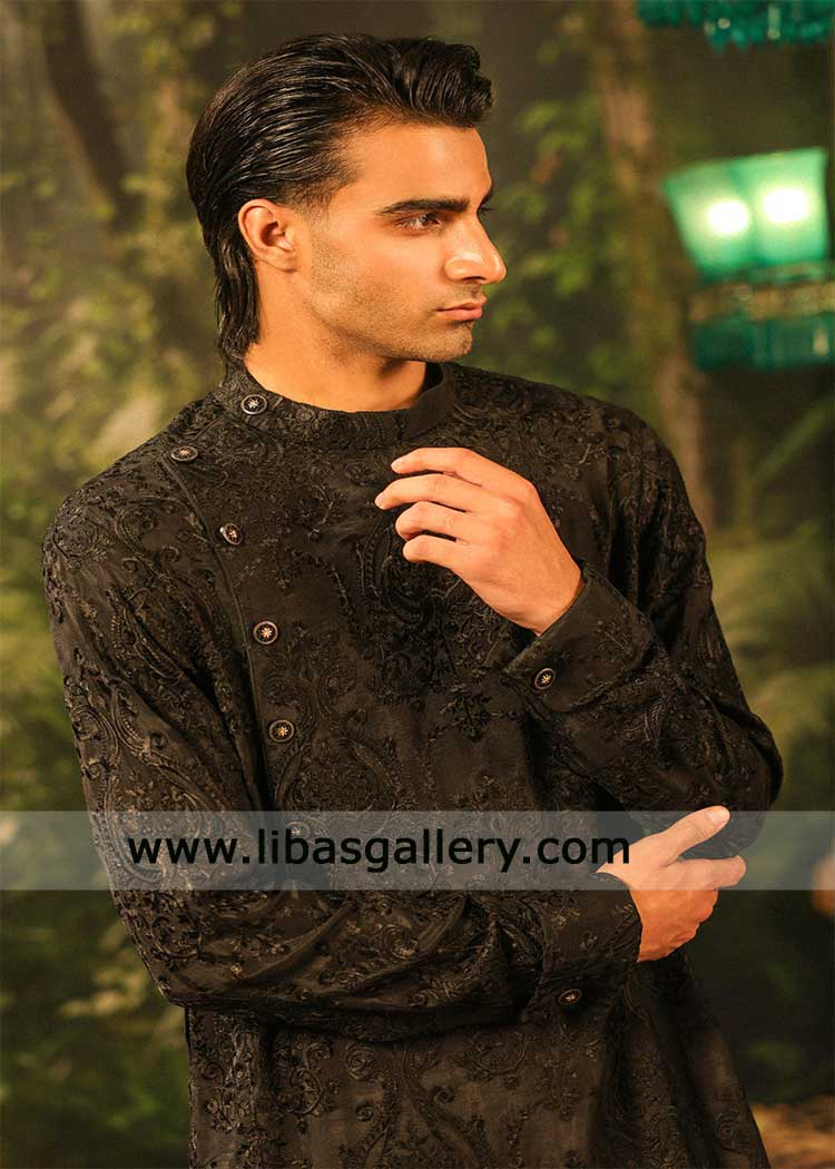 black embroidered short groom kurta with pants