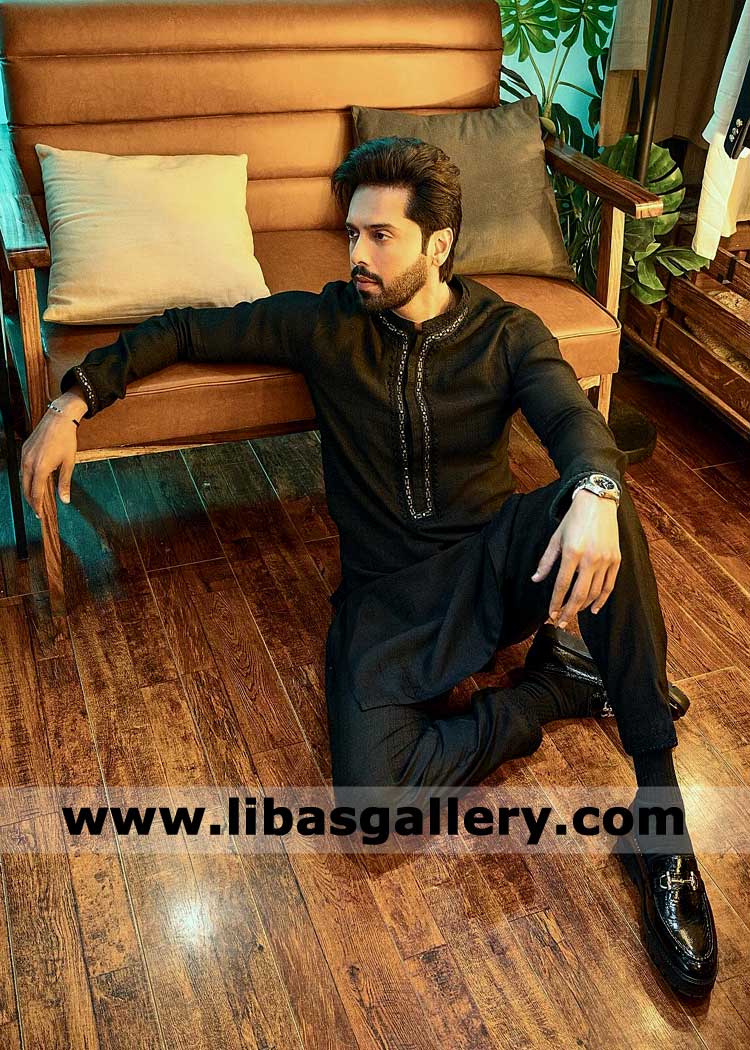 Black Embroidered kurta with Trouser for men