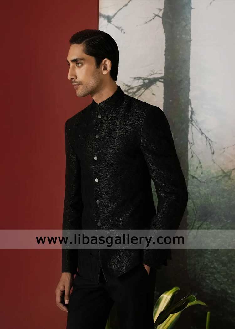 Black self embroidered men prince coat for occasion
