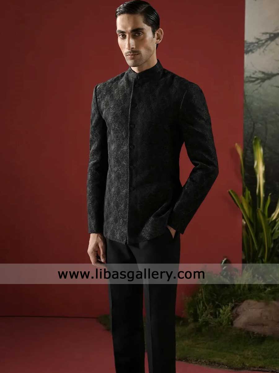 Black self embroidered men prince coat for occasion