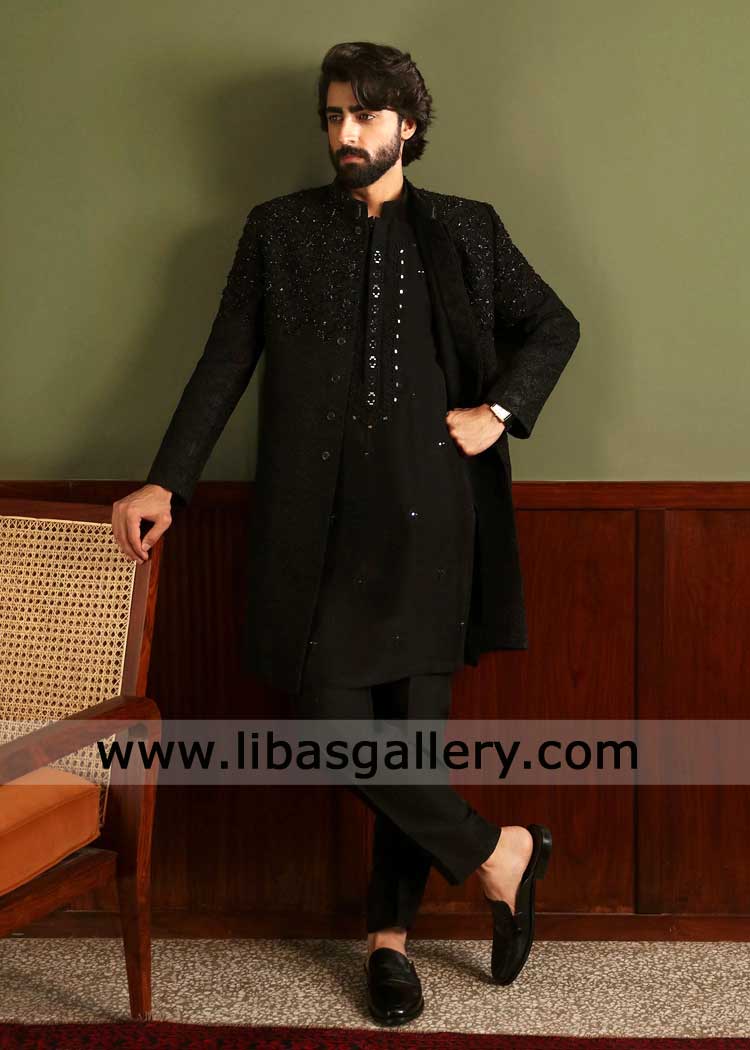 Sherwani black embroidered with hand embellishment with mirror embroidered kurta straight trousers San Francisco Jacksonville Florida USA