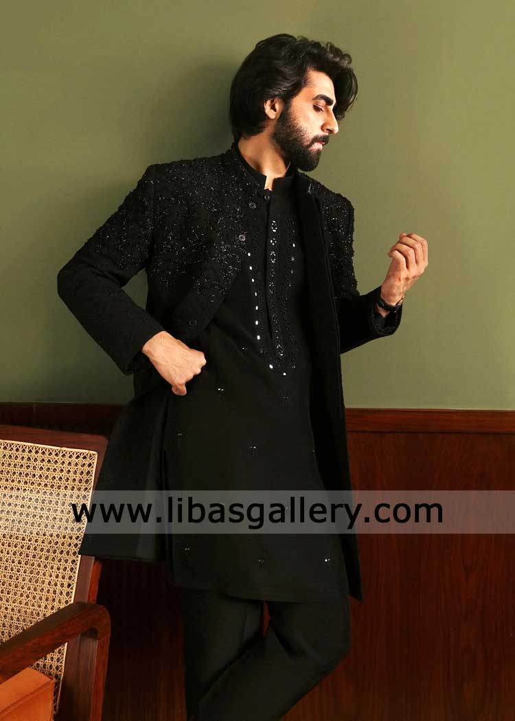 Black Embroidered Groom Sherwani with hand Embellishment