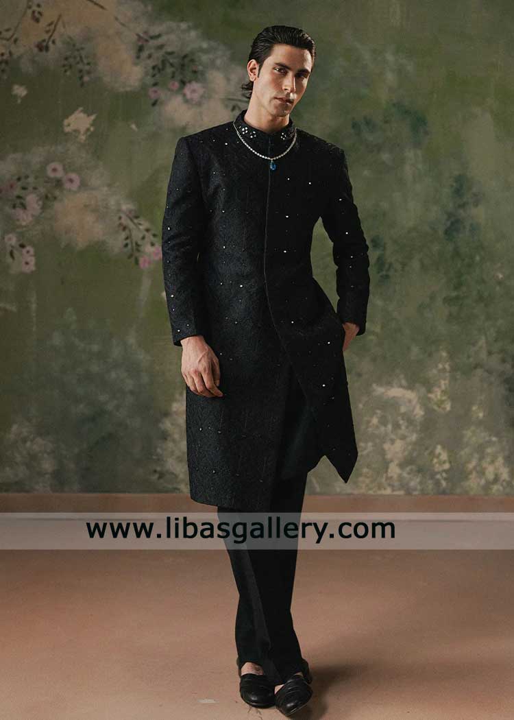 Black Floral Embroidered Sherwani with Mirror work Collar