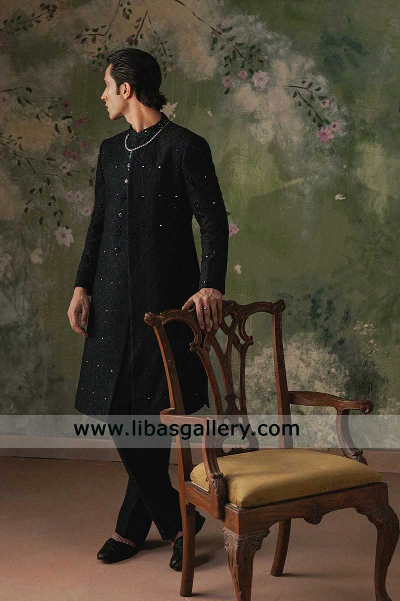 Black Floral Embroidered Sherwani with Mirror work Collar