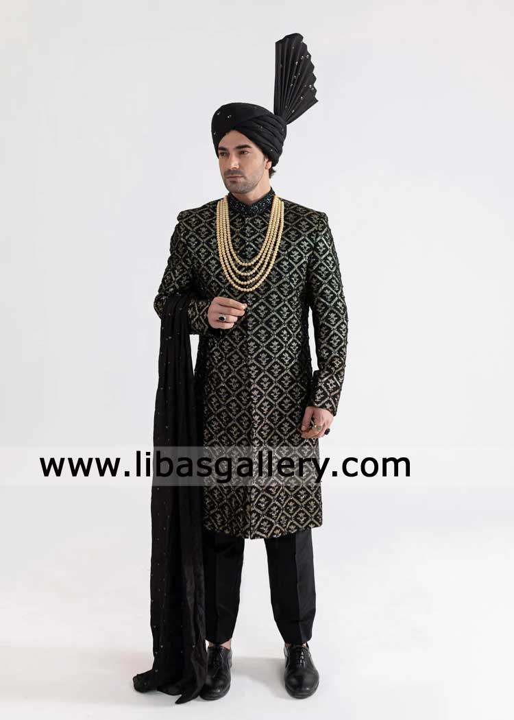 Groom wedding sherwani black with gold hand embellishment paired with black turban khussa and shawl for Nikah Perth London Montreal Sugarland