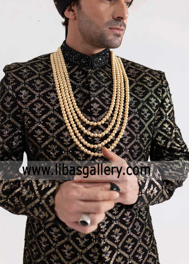 Black Groom Sherwani for Nikah Gold handcrafted 