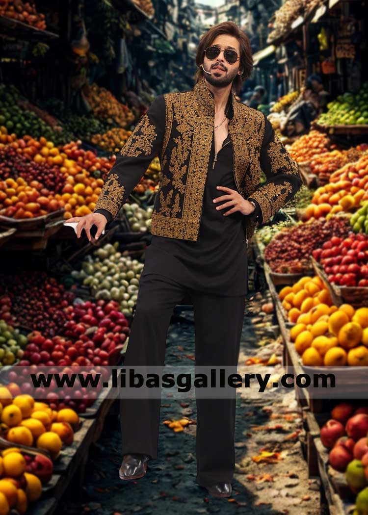 Black Gold Embellished Men Prince Coat Style