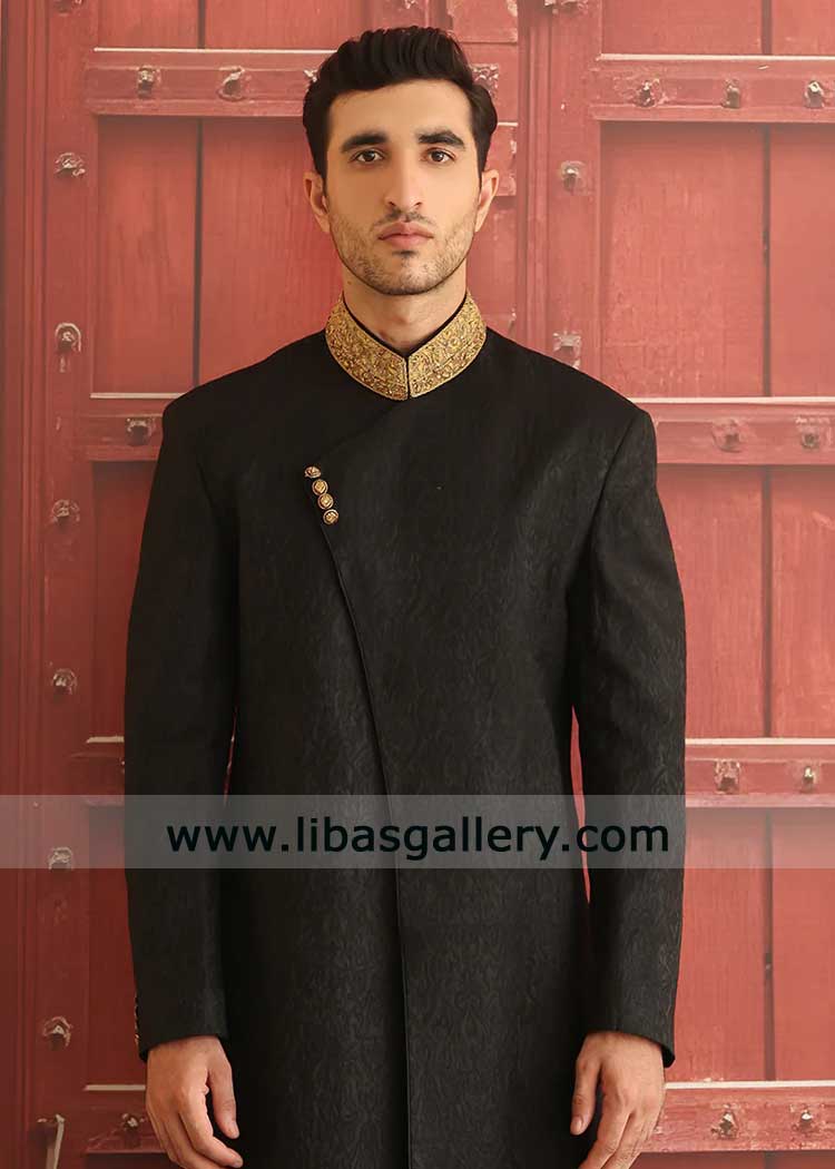 Premium Black & Gold Karandi Wedding Sherwani for Groom