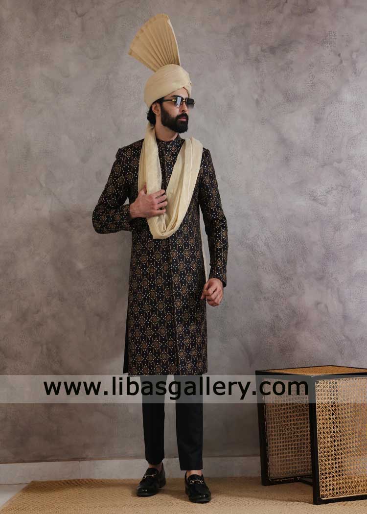 Luxury Black and Antique Embroidered Groom Sherwani