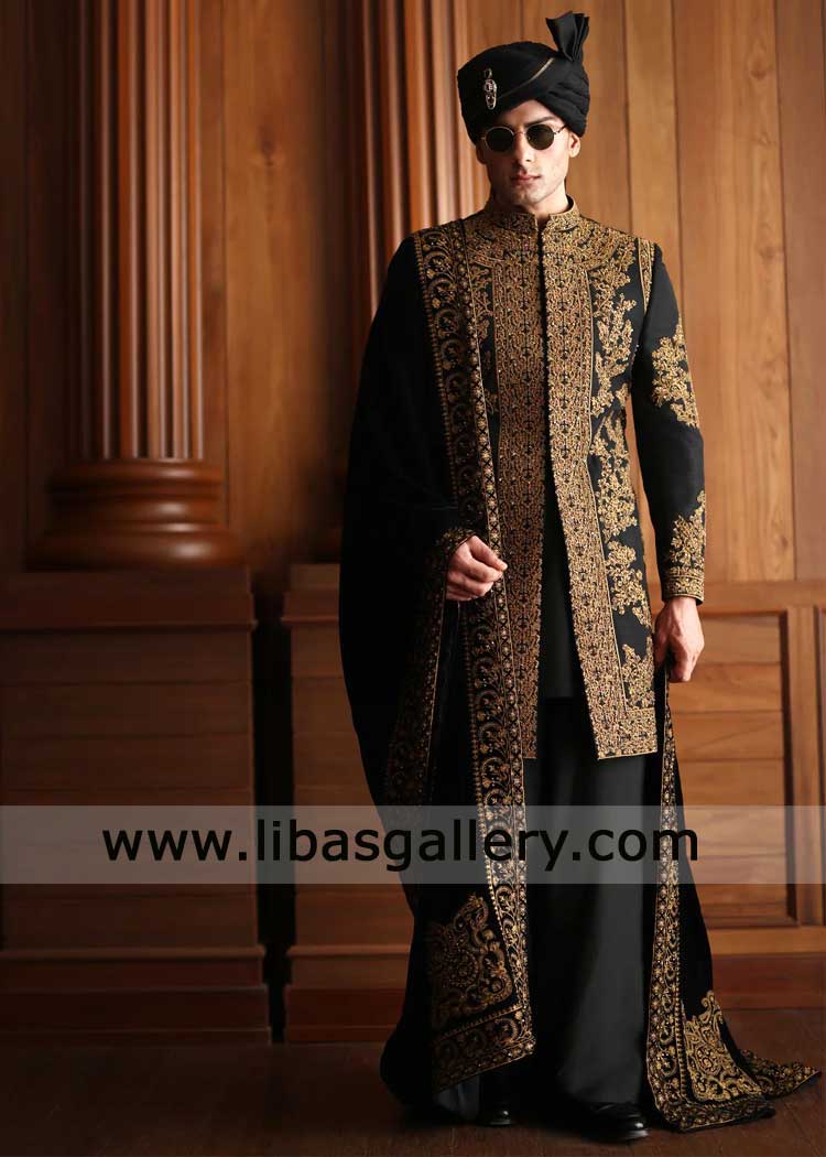 Black Antique Gold Groom Embroidered Wedding Shawl